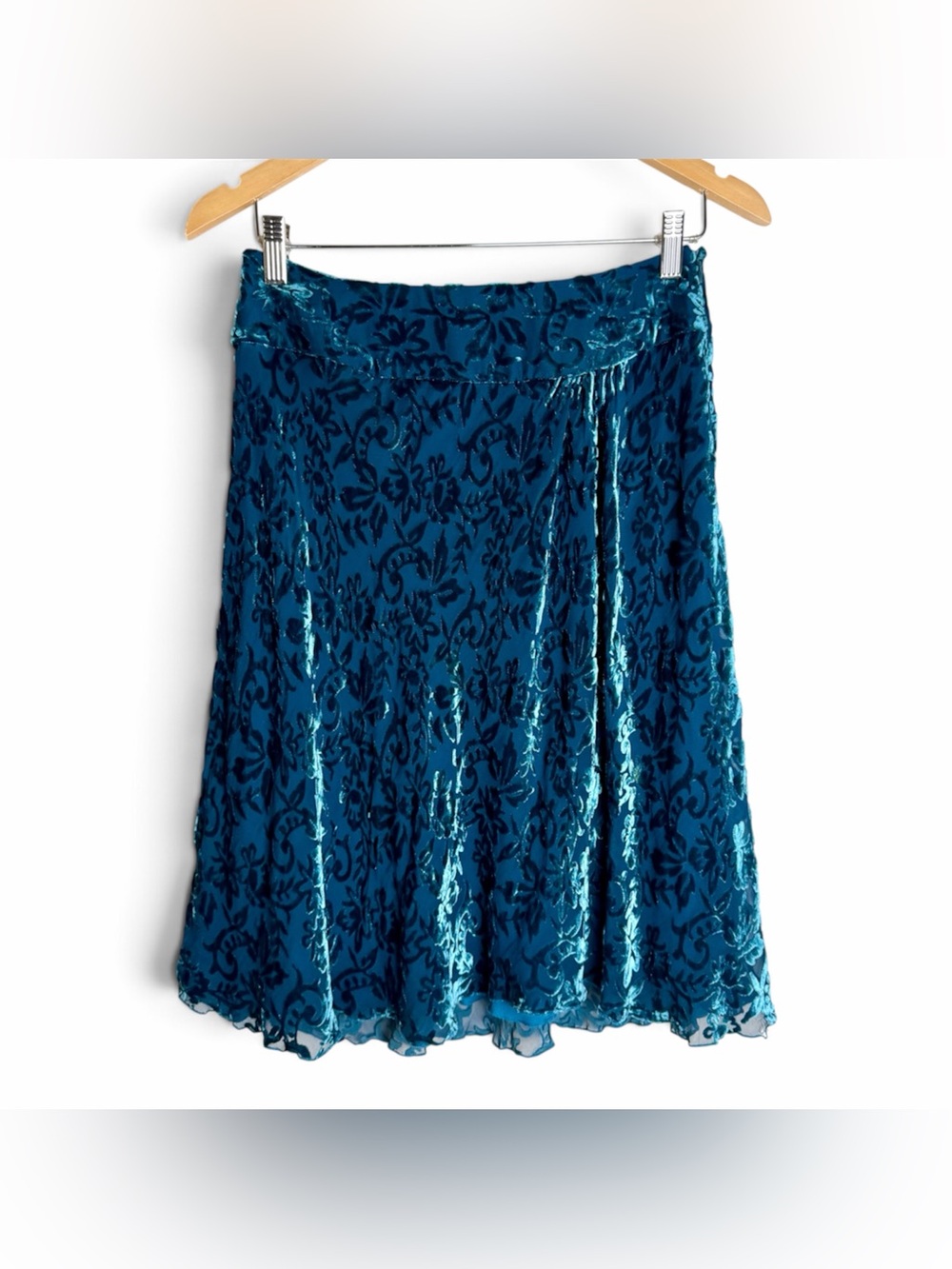 Allison Taylor Velvet Burnout Silk Blend Skirt Teal size 4